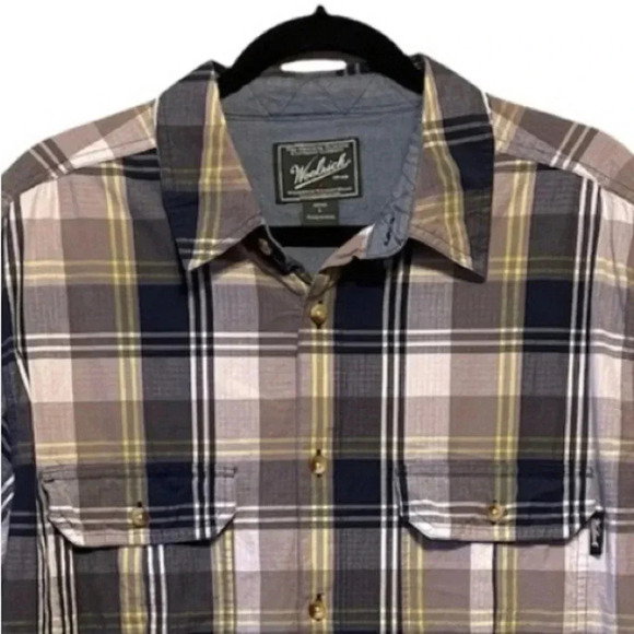 WOOLRICH Blue, Gray & Yellow Plaid Short Sleeve Button Front Shirt sz L - Picture 2 of 5